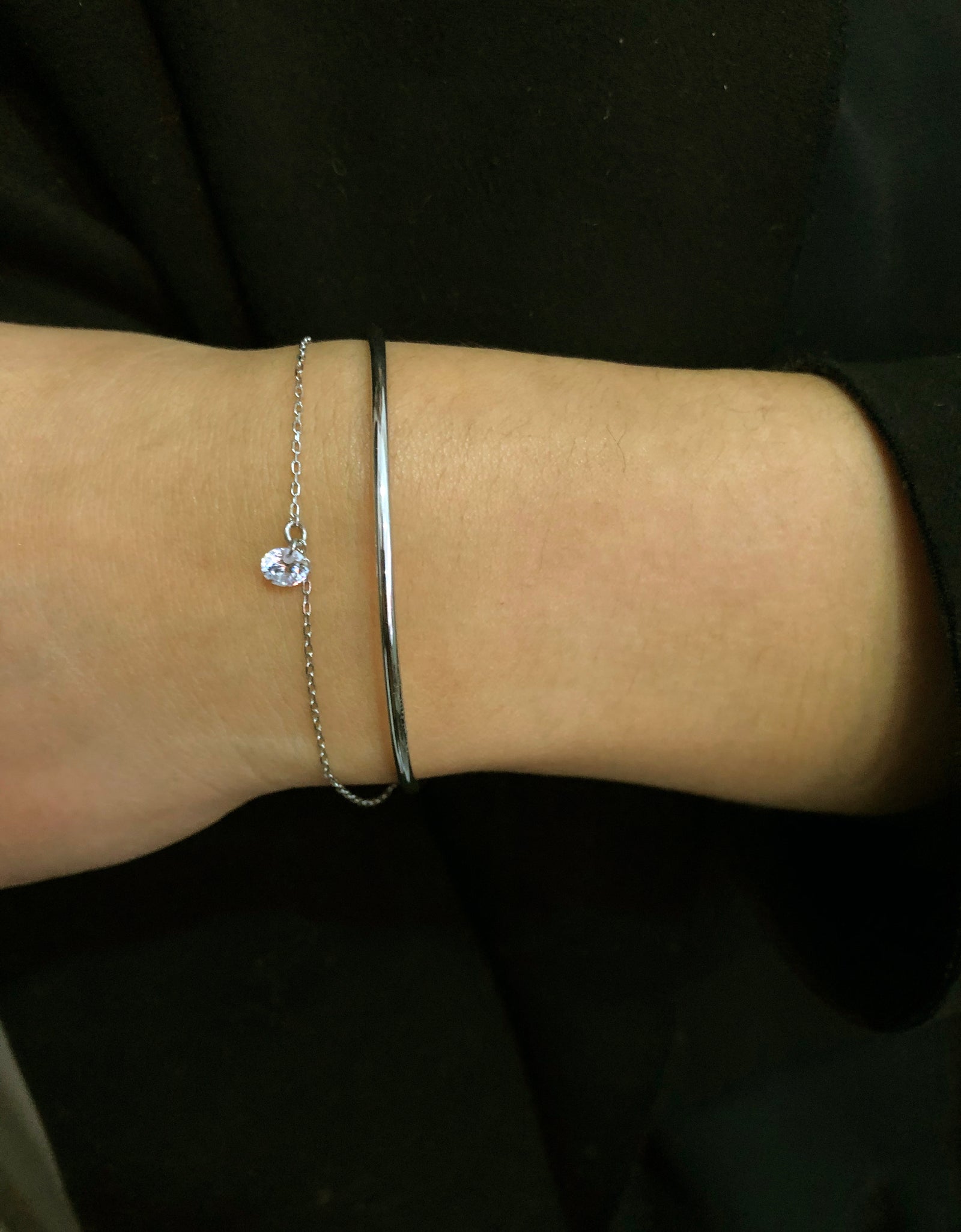 Silver Cuff Bracelet with Chain and Hanging Stone