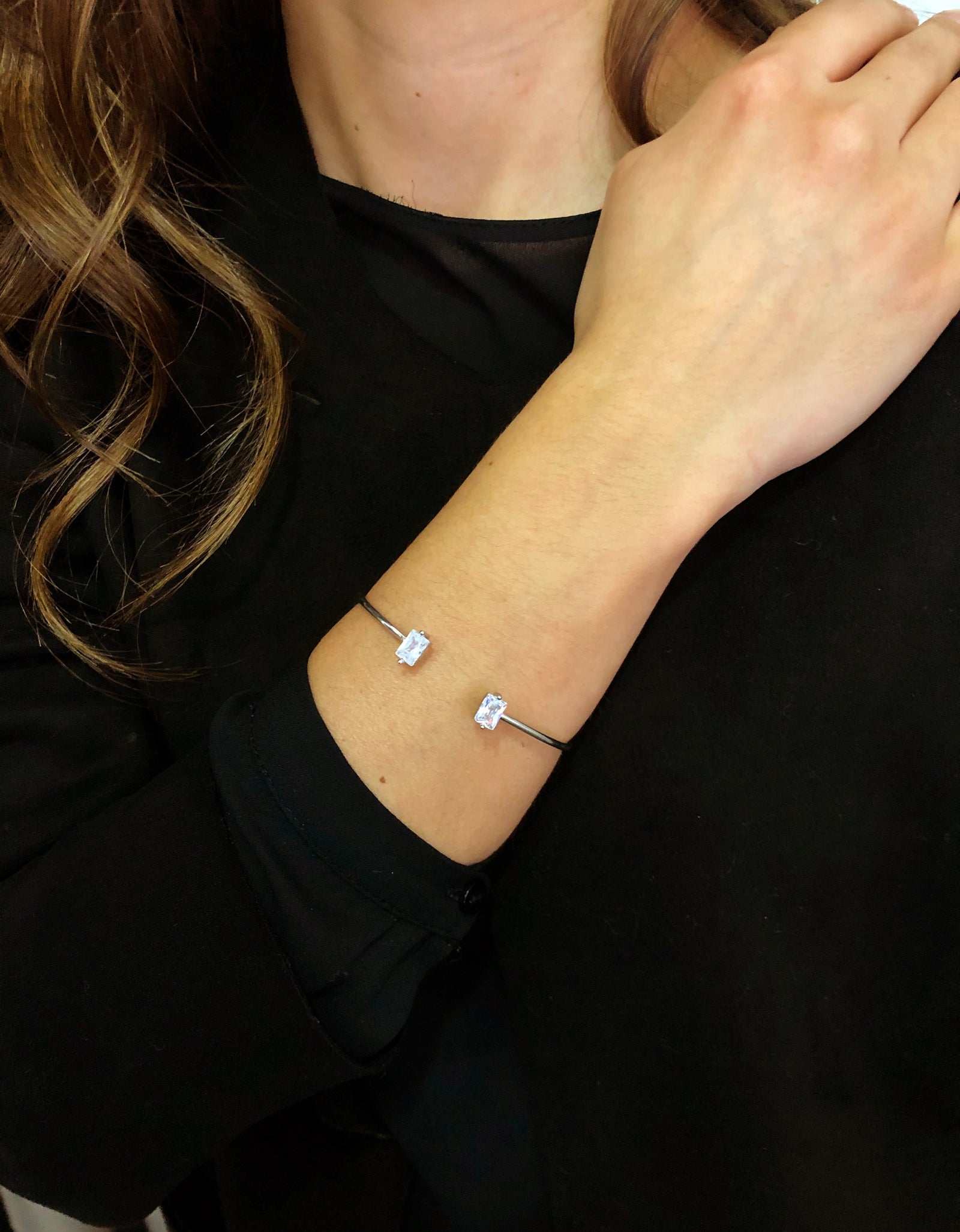 Silver Cuff Bracelet with Baguette Stones